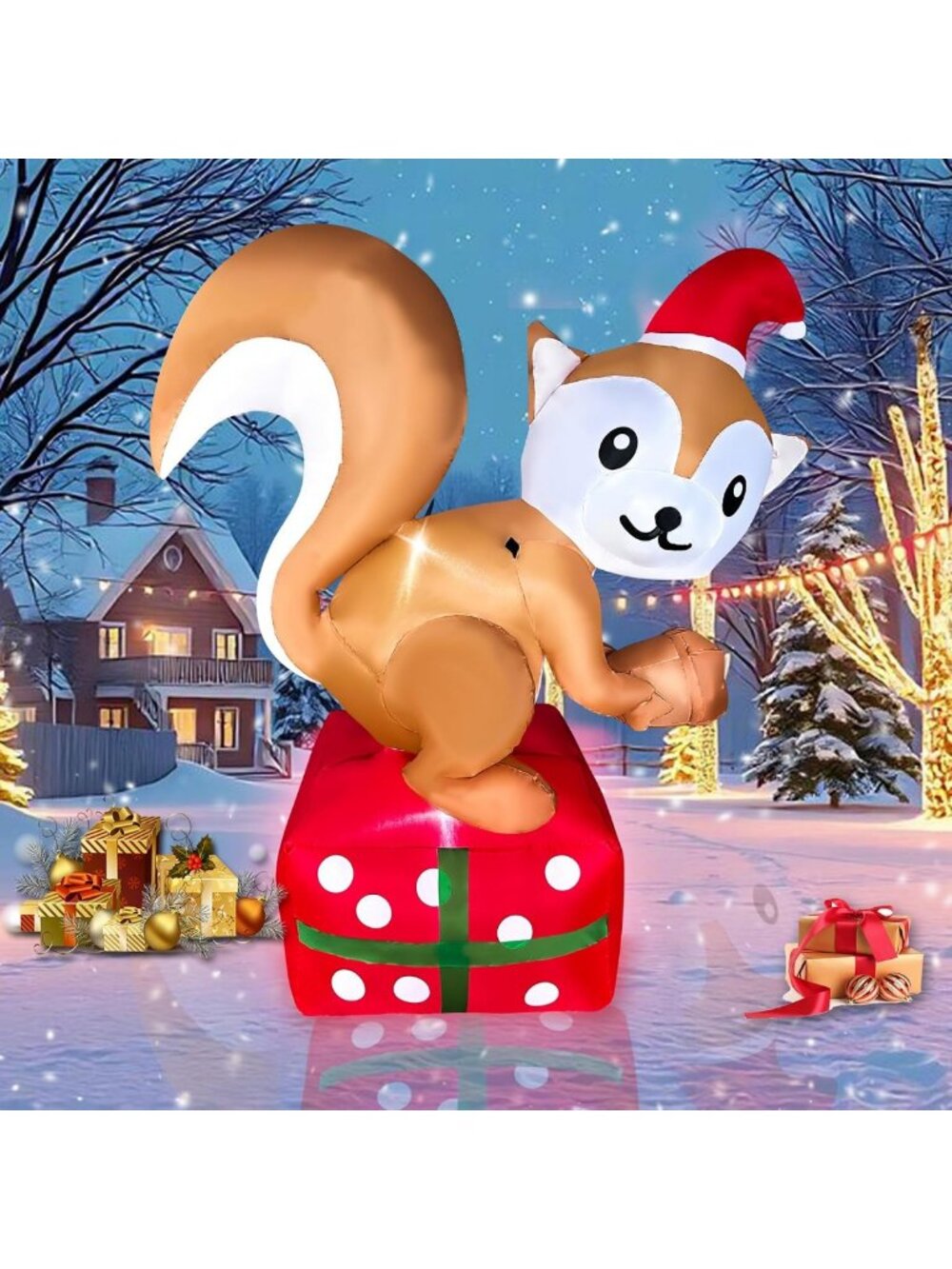 5FT Inflatable Squirrel on Gift Box - LED Lighted Christmas Yard Decor